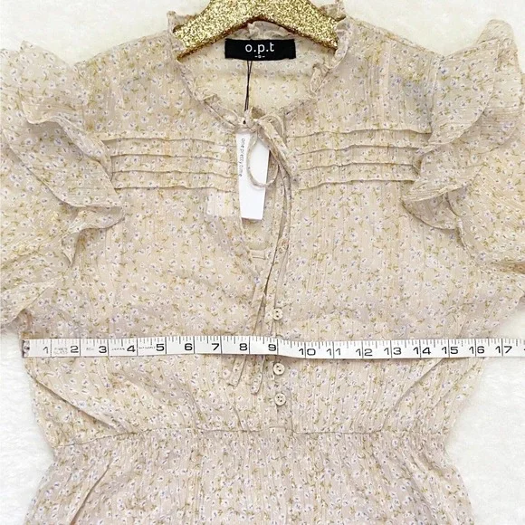 O.P.T Dress Floral Tiered Midi Neutral Chiffon Beige Gold Prairie Dress - Picture 4 of 12